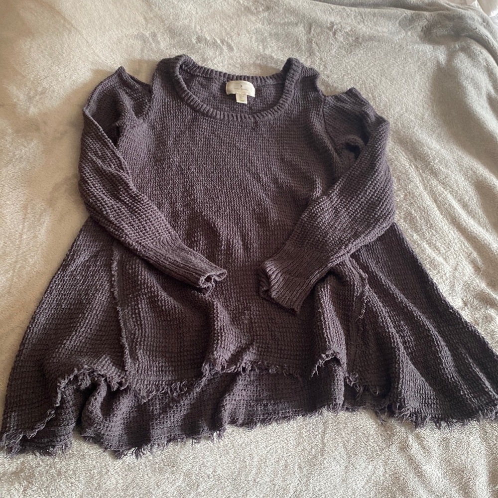 Boutique distressed sweater, shoulder cut outs